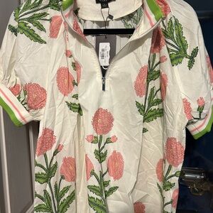 Floral Print Half-Zip blouse with Pink Blooms